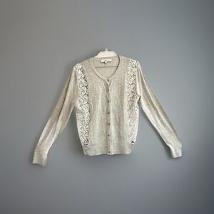 Ann‎ Taylor Loft Women's Gray With White Lace Cardigan Sweater Size XS
